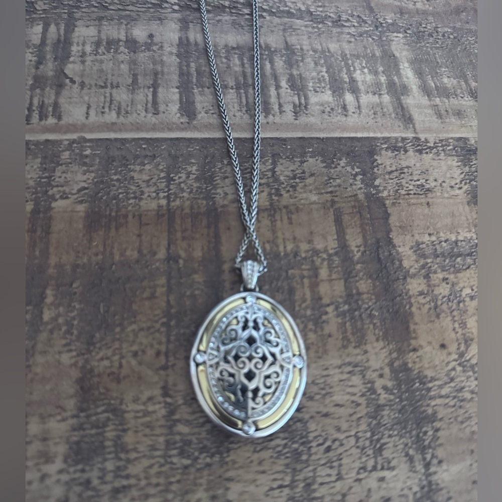 Brighton Double Sided Oval Silver With Gold & Rhinestone Accent Necklace - Picture 3 of 10